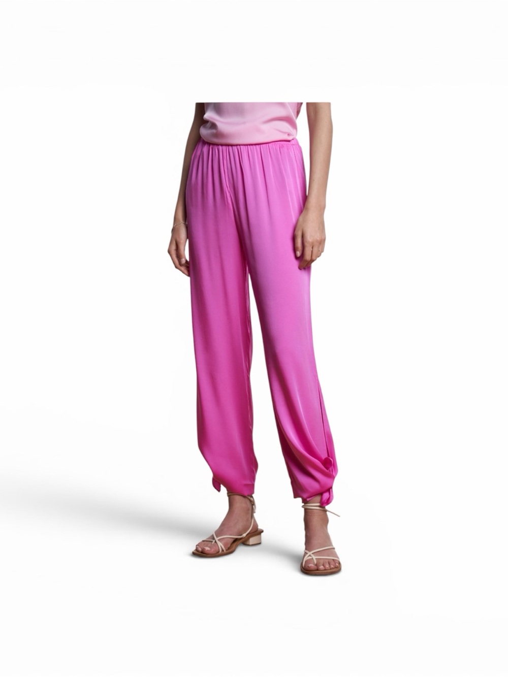 100% Silk Bright Pink Elastic-Waist  Pants